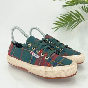 Superga Women's Tartan Sneaker Size 6 Canvas Woven Low Top Green Red